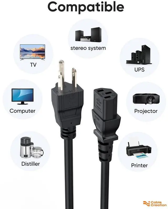 Alt view image 3 of 7 - 2-Pack 1 Foot NEMA 5-15P to IEC 320 C13 Universal Power Cord | 18 AWG Standard Computer Power Adapter Cord, UPS Power Cord, SJT Cord, Black, 0.3 Meters