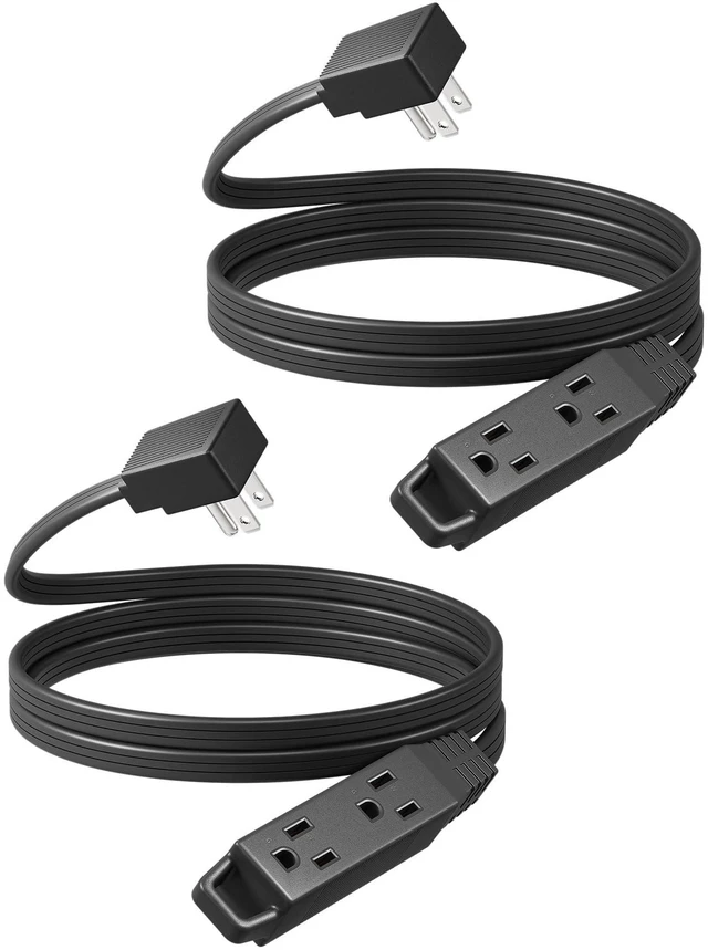 Main image of 2 Pack 6FT Black Flat Extension Cord, 3 Outlet 16/3, ETL Listed 3 Prong, Ultra Thin, 13A/125V/1625W, SPT-3 Flexible Cord, Grounded Flat Power Cable for Indoor Narrow Space