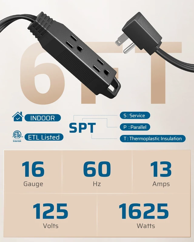 Alt view image 2 of 7 - 2 Pack 6FT Black Flat Extension Cord, 3 Outlet 16/3, ETL Listed 3 Prong, Ultra Thin, 13A/125V/1625W, SPT-3 Flexible Cord, Grounded Flat Power Cable for Indoor Narrow Space