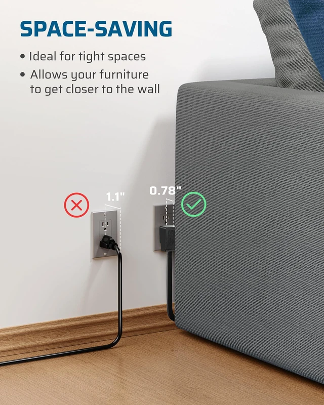 Alt view image 4 of 7 - 2 Pack 6FT Black Flat Extension Cord, 3 Outlet 16/3, ETL Listed 3 Prong, Ultra Thin, 13A/125V/1625W, SPT-3 Flexible Cord, Grounded Flat Power Cable for Indoor Narrow Space