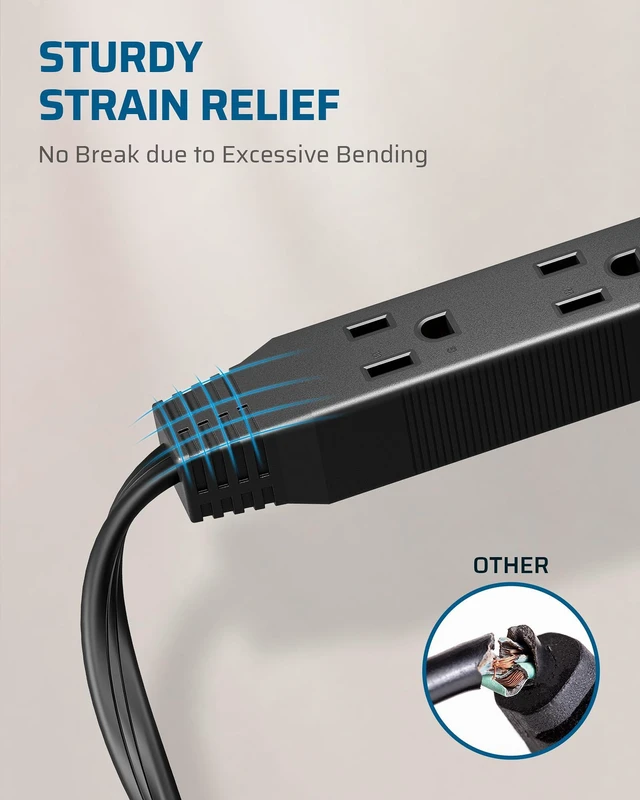 Alt view image 7 of 7 - 2 Pack 6FT Black Flat Extension Cord, 3 Outlet 16/3, ETL Listed 3 Prong, Ultra Thin, 13A/125V/1625W, SPT-3 Flexible Cord, Grounded Flat Power Cable for Indoor Narrow Space