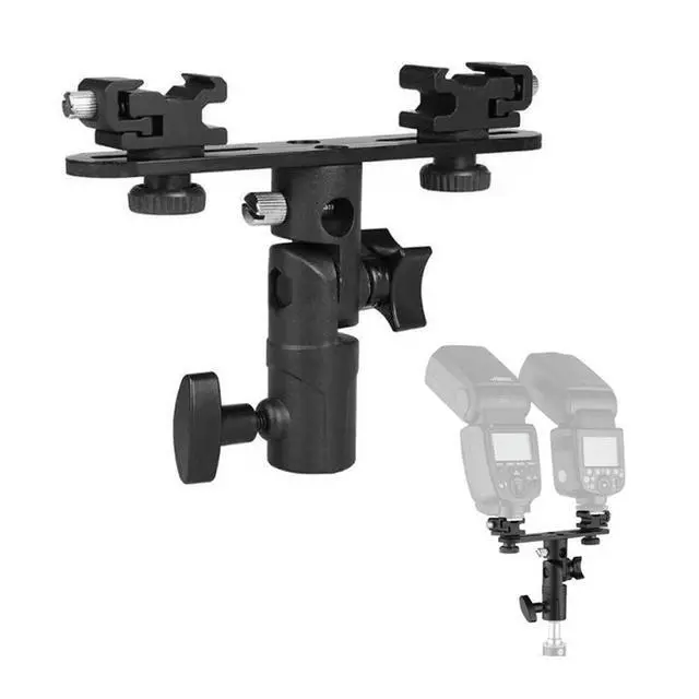 Alt view image 2 of 3 - Dual Flash Bracket Double Hot Shoe Flash Umbrella Holder 1/4inch To 3/8inch with 2 Cold Shoe Mount for DSLR Camera