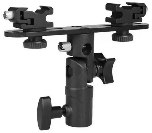 Main image of Dual Flash Bracket Double Hot Shoe Flash Umbrella Holder 1/4inch To 3/8inch with 2 Cold Shoe Mount for DSLR Camera