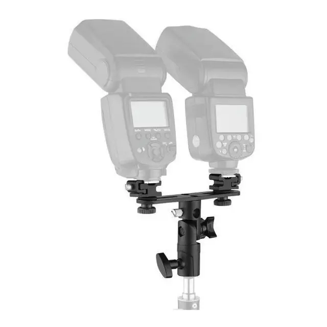 Alt view image 3 of 3 - Dual Flash Bracket Double Hot Shoe Flash Umbrella Holder 1/4inch To 3/8inch with 2 Cold Shoe Mount for DSLR Camera
