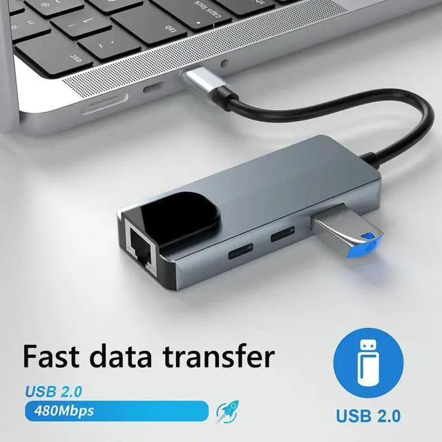 Alt view image 3 of 3 - 4 in 1 USB2.0 Ethernet Card Hub Splitter Adapter with 2* USB-C 1*USB-A 2.0 1*RJ45 100Mbps RJ45 To USB-C LAN Network Adapter
