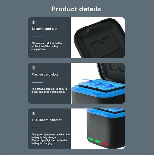 Main image of 3-Channel Charger with Type C Cable Fast Charger 2 SD Slot Batteries Case for GoPro Go Pro Hero 8 7 6 5