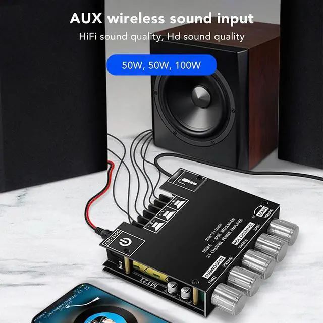 Alt view image 2 of 3 - 2.1 Channel Bluetooth-Compatible Amplifier Board with Treble and Bass Control 50Wx2+100W Power Amplifier Module for Speaker DIY