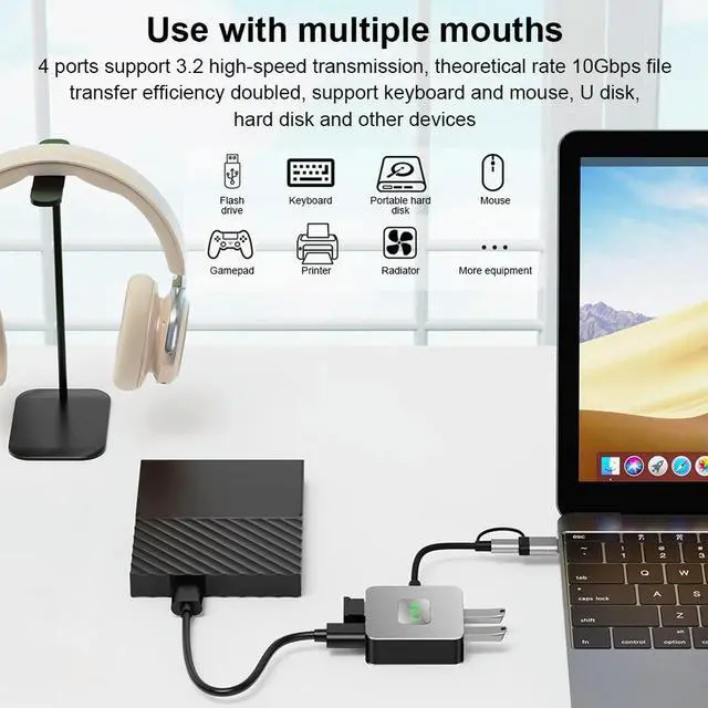 Alt view image 3 of 3 - USB 3.2 Hub 4 in 1 USB C Hub USB-C/USB-A To 10Gbps USB 3.2 Mini 4 Port USB Hub Multi USB Splitter Hub for Computer Accessories