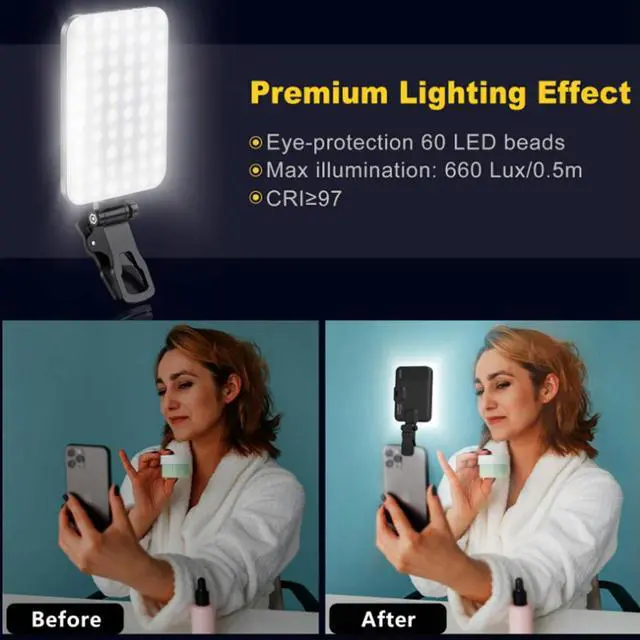 Alt view image 3 of 3 - 60 LED Portable Selfie Light 3 Light Modes 10-Level Brightness 2200mAh Rechargeable Clip Video Conference Fill Light 2500K-6500K