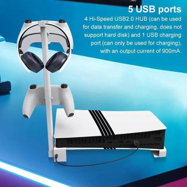Alt view image 3 of 3 - Stand Holder for PS 5 Slim and for PS 5 Pro Console 5-Port USB Ports with Controller & Headset Holder for 5 Slim/Pro