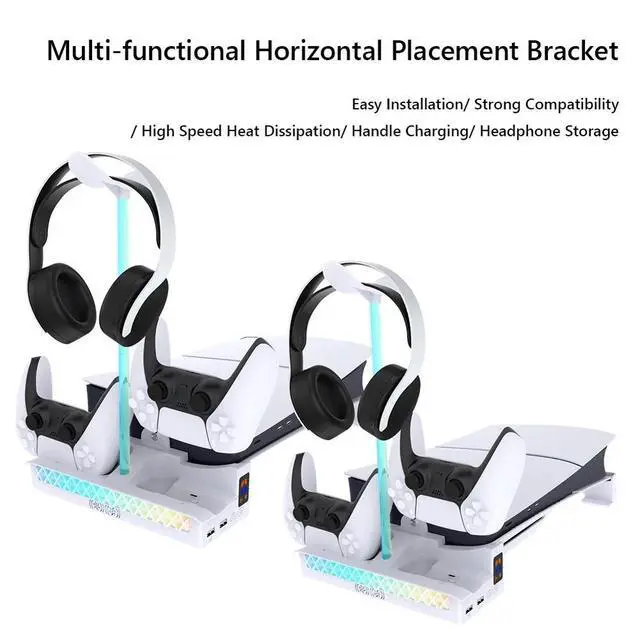 Alt view image 2 of 3 - Horizontal Stand with Dual Controller Charger Headset Holder Cooling Stand for Slim Disc & Digital Editions