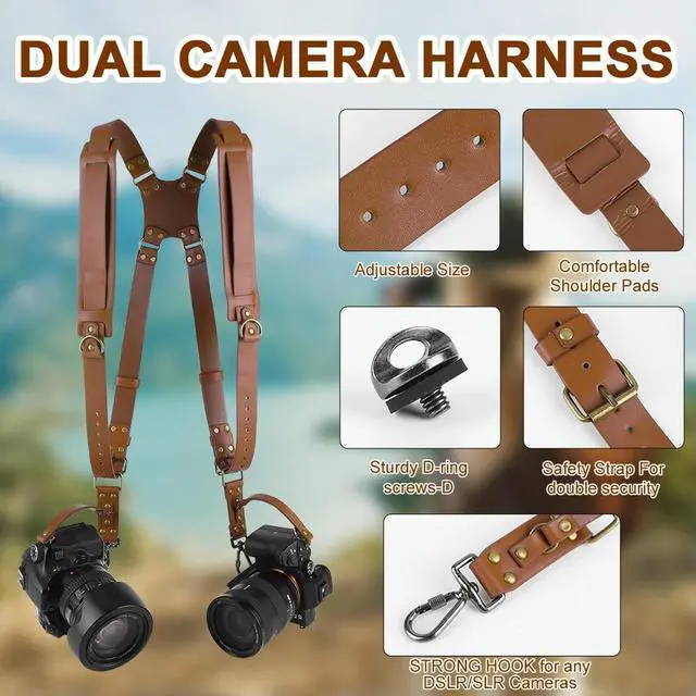 Alt view image 3 of 3 - Dual Camera Strap Leather Camera Straps Adjustable Camera Carrying Strap Universal Camera Shoulder Strap for 2 Cameras