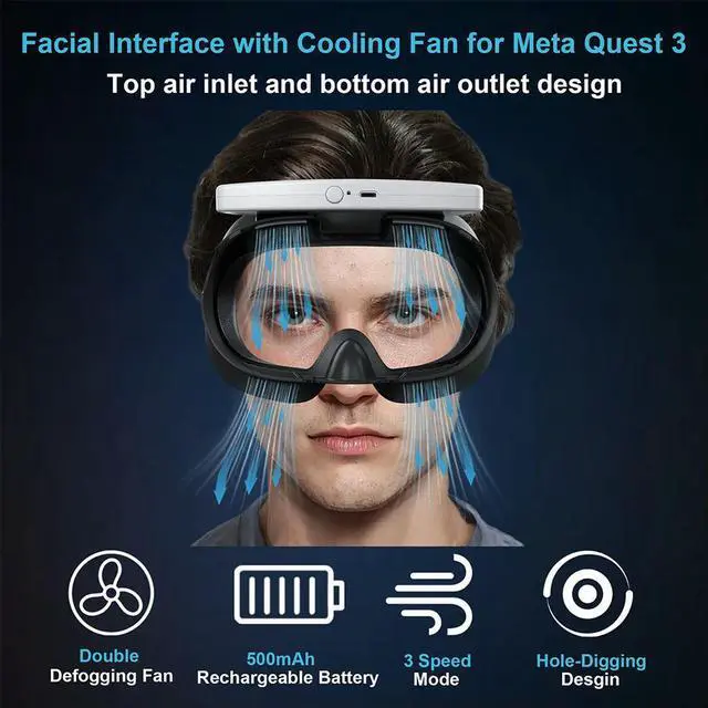 Alt view image 2 of 3 - Facial Ventilation Fan Air Circulation Breathable VR Cooling Fan 3 Speeds with PU Face Cushion Pad for Quest 3 Accessories