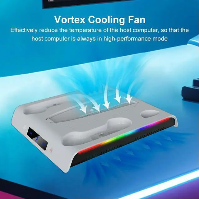 Alt view image 2 of 3 - For PS 5 Slim/PS 5 Pro Stand Dual Controller Charger with Headphone Hook Vertical Cooler System 3 Levels Cooling Fan RGB Lights