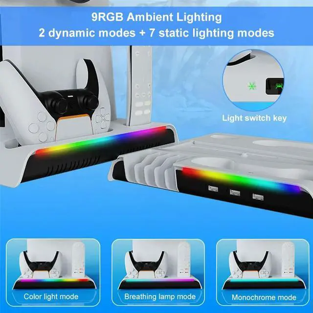 Main image of For PS 5 Slim/PS 5 Pro Stand Dual Controller Charger with Headphone Hook Vertical Cooler System 3 Levels Cooling Fan RGB Lights