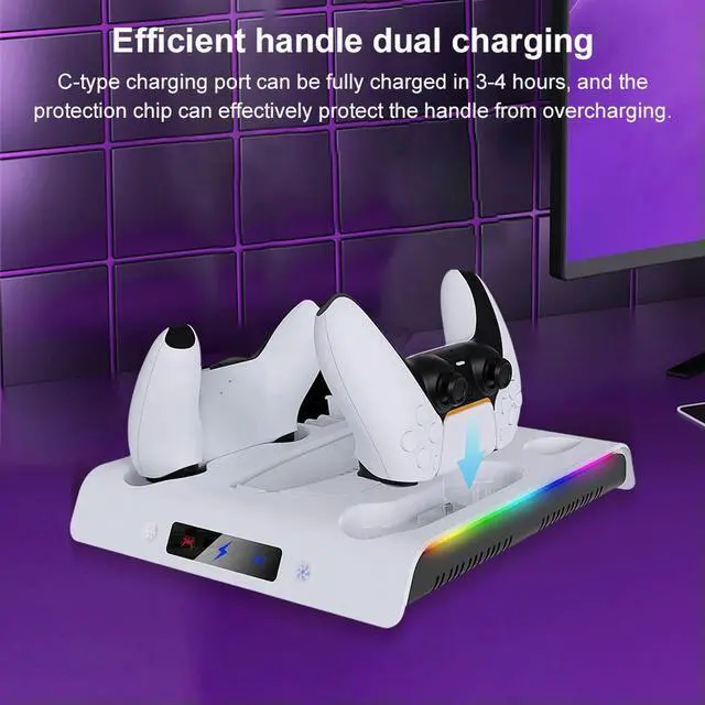 Alt view image 3 of 3 - For PS 5 Slim/PS 5 Pro Stand Dual Controller Charger with Headphone Hook Vertical Cooler System 3 Levels Cooling Fan RGB Lights