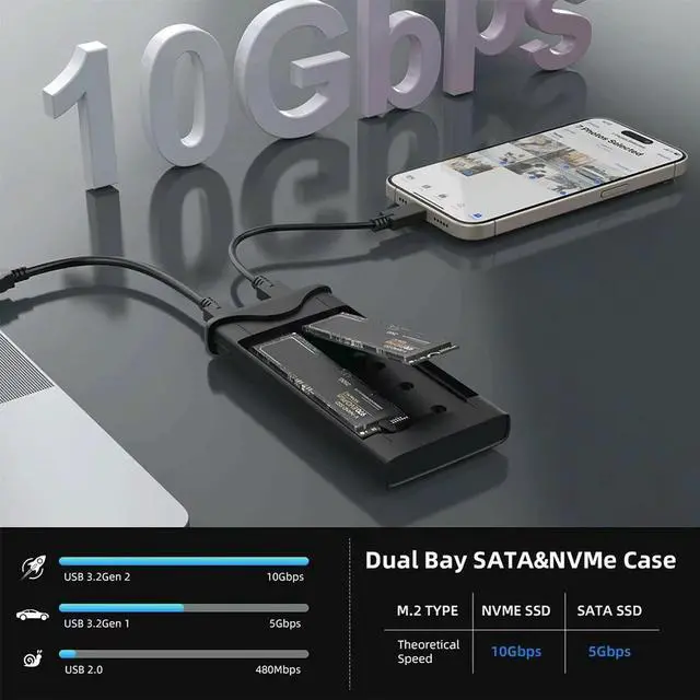 Alt view image 3 of 3 - Dual-Bay M.2 NVMe SATA SSD Enclosure USB C To M.2 Adapter Capacity Up To 2x4TB for M Key & B+M Key 2230/2242/2260/2280 M.2 SSDs