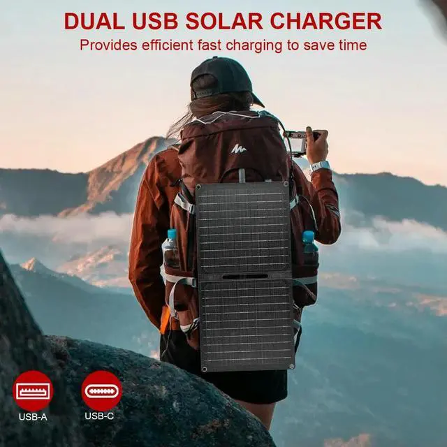 Alt view image 2 of 3 - 24W Portable Solar Panel Waterproof Camping Solar Panel Charger with USB-C USB-A Outputs for Phone Power Bank Small Fan