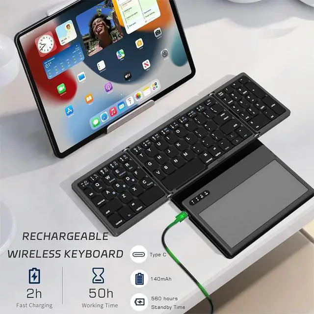 Alt view image 2 of 3 - Portable Travel Keyboard with Toucad Quadruple Folding Pocket-Sized Keyboard Ultra Slim Keyboard for Android/IOS/OS/Win/HMS