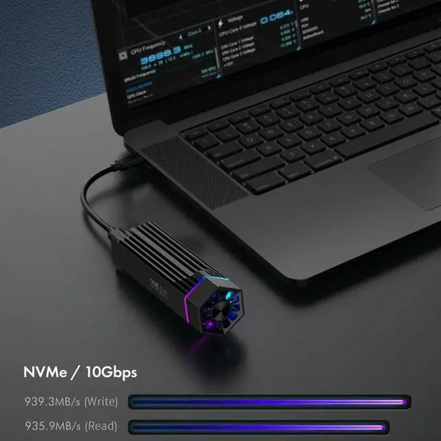 Alt view image 3 of 3 - RGB SSD Case Aluminum Alloy JMS583 10Gbps External Adapter with Cooling Fan High Speed Write Protection Switch for M Key/B M Key