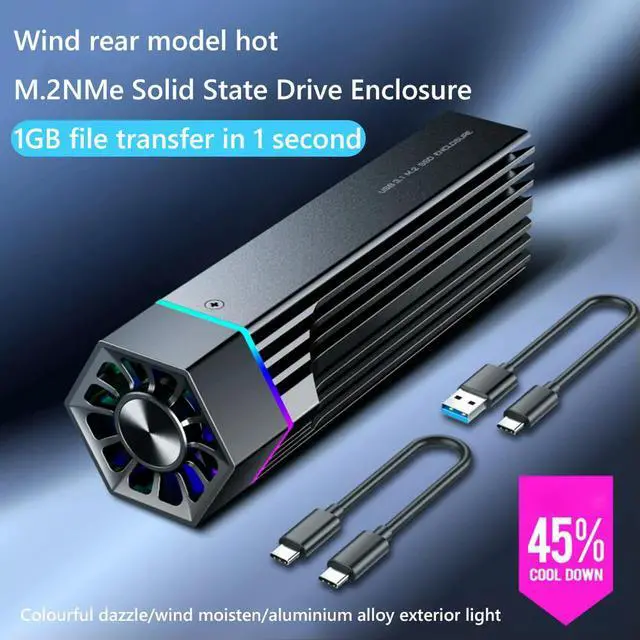 Alt view image 2 of 3 - RGB SSD Case Aluminum Alloy JMS583 10Gbps External Adapter with Cooling Fan High Speed Write Protection Switch for M Key/B M Key