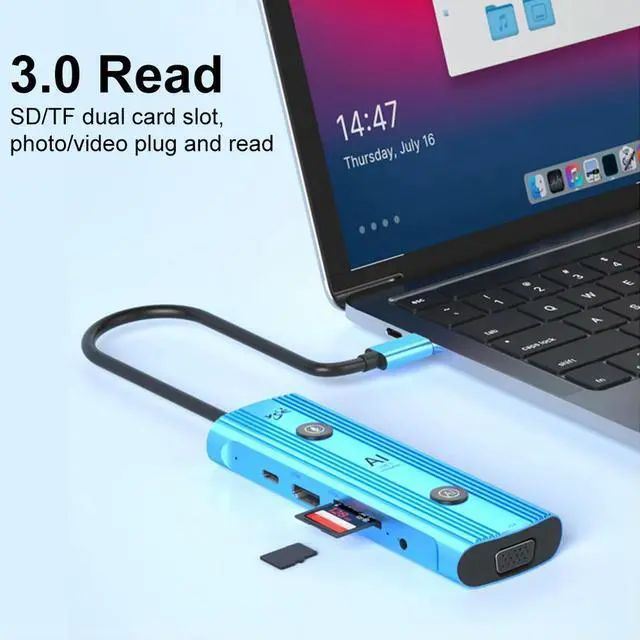 Alt view image 3 of 3 - AI Multiport Adapter with USB 3.0 & PD 3.0 Ports USB C Dongle Type C Adapter for Laptop PC Desktop and More