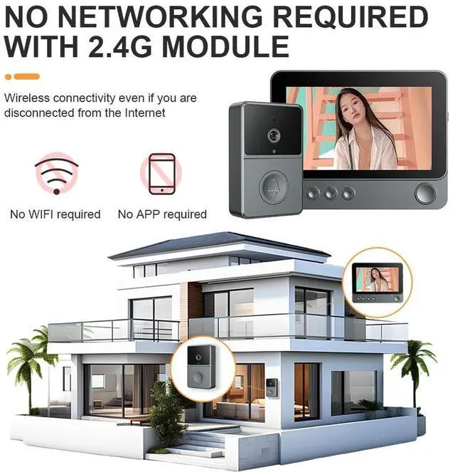 Alt view image 2 of 3 - 2.4G Video Monitoring Doorbell 4.3 Inch IPS Screen Door Bell Intercom System Night Vision Doorbell with Camera Monitor for Villa