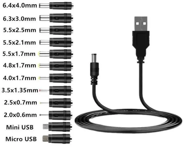 Main image of Universal USB to 5V DC Power Cord Charging Cable 5.5x2.1mm Jack With 12 Interchangeable Plug Adapter Micro USB Mini USB DC Plug