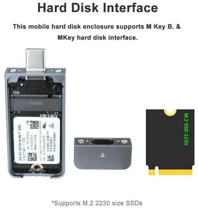 Alt view image 3 of 3 - M.2 NVMe 2230 SSD Enclosure M.2 M Key Solid State Drive Case USB3.2 Gen2 External Hard Disk Box USB Type-C M&B Key for M2 2230