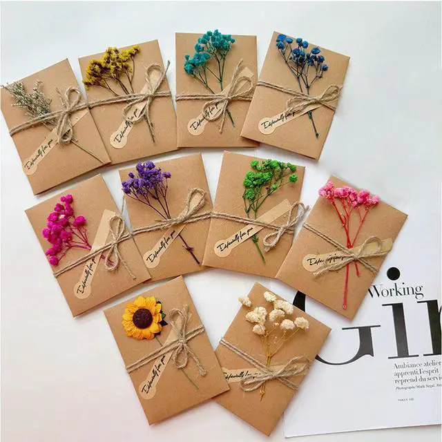 Alt view image 2 of 3 - 10Pcs Gypsophila Greeting Card Multi-Purpose Retro Kraft Paper Birthday Card Wear Resist Sunflower Birthday Card for Gift Card
