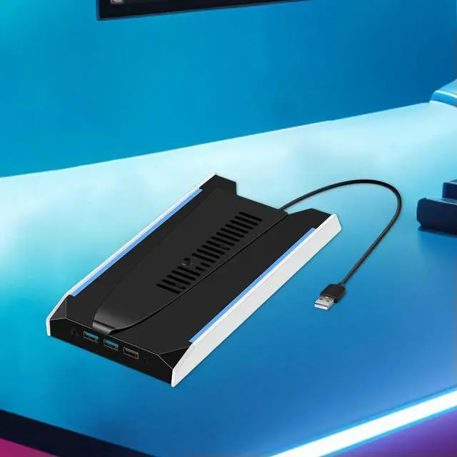 Alt view image 2 of 3 - For PS 5 Slim/PS 5 Pro RGB Vertical Cooling Stand Base 8 Light Mode Game Console Base Bracket W/ 3-Speed Cooling Fan Base Stand
