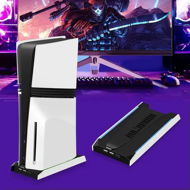 Alt view image 3 of 3 - For PS 5 Slim/PS 5 Pro RGB Vertical Cooling Stand Base 8 Light Mode Game Console Base Bracket W/ 3-Speed Cooling Fan Base Stand