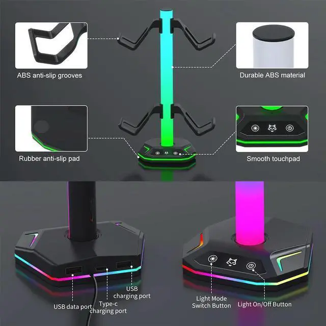 Alt view image 2 of 3 - RGB Headset Stand 9 Light Modes Controller Holder w/ USB +Type C Charging +USB Data Ports for Desk for PS5/PS4/Xbox/Switch Pro