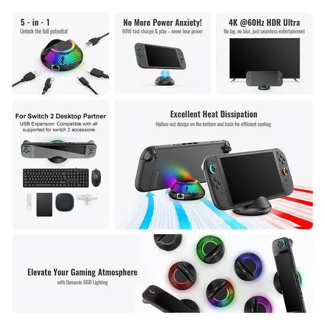 Alt view image 2 of 3 - 5-in-1 Portable Dock Station for Switch 2 Game Accessories TV Dock Station Charging Converter Stand with Gigabit Ethernet Port