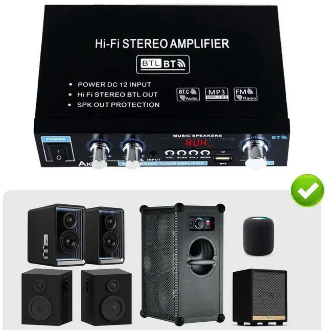 Alt view image 2 of 3 - Bluetooth-Compatible 12V/110-240V Wireless Power Amplifier with Remote Control Stereo Audio Amplifier for Home Theater Speaker