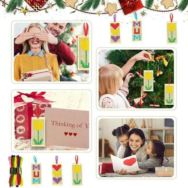 Main image of 4Pcs Hollow-out Student Bookmarks Cross Stitch Kit With 5Pcs Sewing Threads Blank Wooden Embroidered Bookmark Kit Art and Crafts