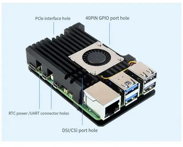 Alt view image 2 of 3 - For Raspberry Pi 5 Aluminum Alloy Case Set Kit With Single Fan Protective Case Set Kit For Raspberry Pi 5 Cooling