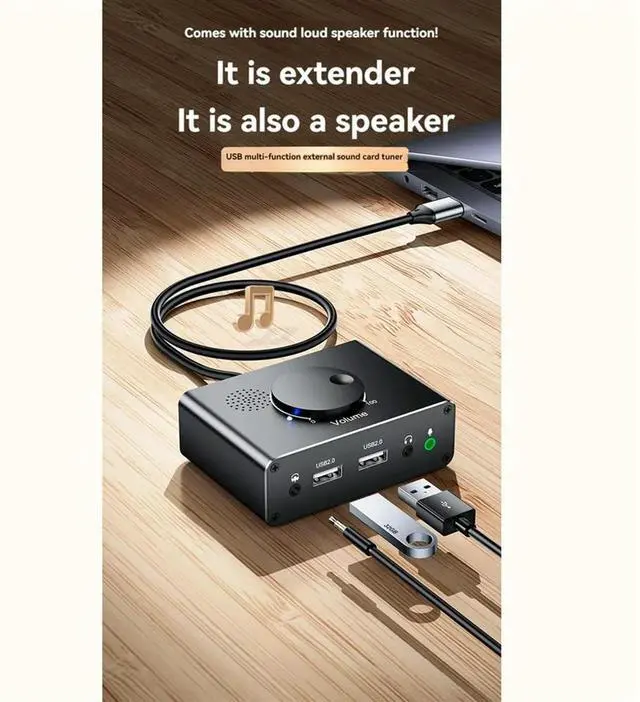 Main image of USB External Sound Card 3 Ports USB 2.0 to 3.5mm Sound Card with Volume Control Driver-Free Volume Adjustable Sound Card