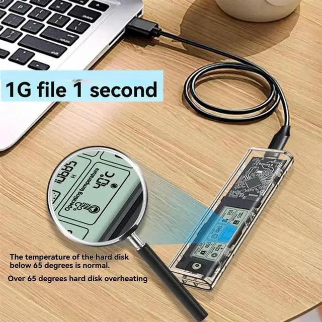 Alt view image 2 of 3 - M.2 NVME/NGFF Dual Protocol SSD Enclosure Transparent Hard Drive Case USB3.2 With ligent Display SATA SSD Adapter