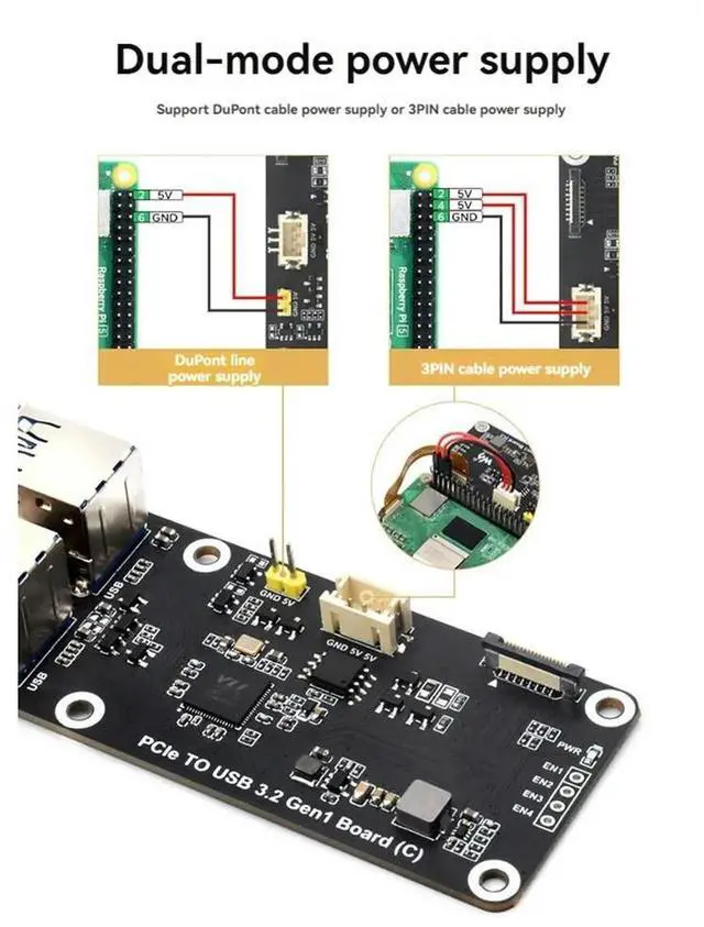 Alt view image 4 of 4 - For Raspberry Pi 5 PCIe to USB3.2 Gen1 Board 5Gbps PCIe to 4xUSB3.2 Expansion Board Driver-Free Plug and Play