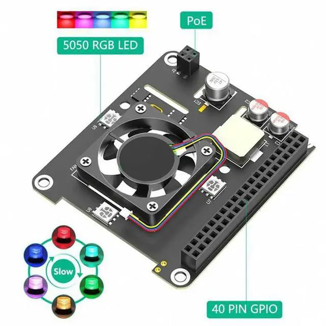 Alt view image 2 of 4 - For Raspberry Pi 5 POE Ethernet Power Supply Module 802.3Af/At With Cooling Fan RGB Light