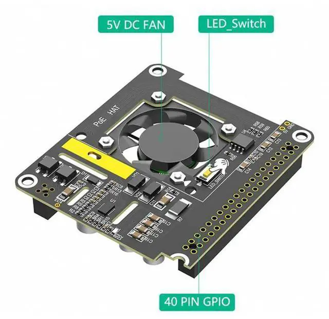 Alt view image 3 of 4 - For Raspberry Pi 5 POE Ethernet Power Supply Module 802.3Af/At With Cooling Fan RGB Light
