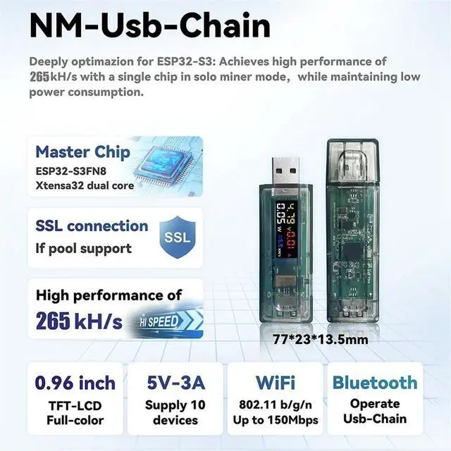 Main image of NMMiner Miner 265KH/S USB Chain ESP32 Crypto Miner BTC Solo Lottery Miner Ammeter USB Tester USB-A to Type C Nerdminer