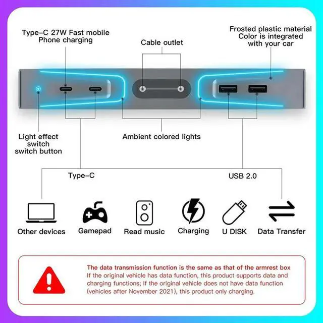 Alt view image 4 of 7 - Light 27W Quick Charger USB Hub For Tesla Model 3 Tesla Model Y 2021-2023 With Aperture ligent Docking Station Accessor