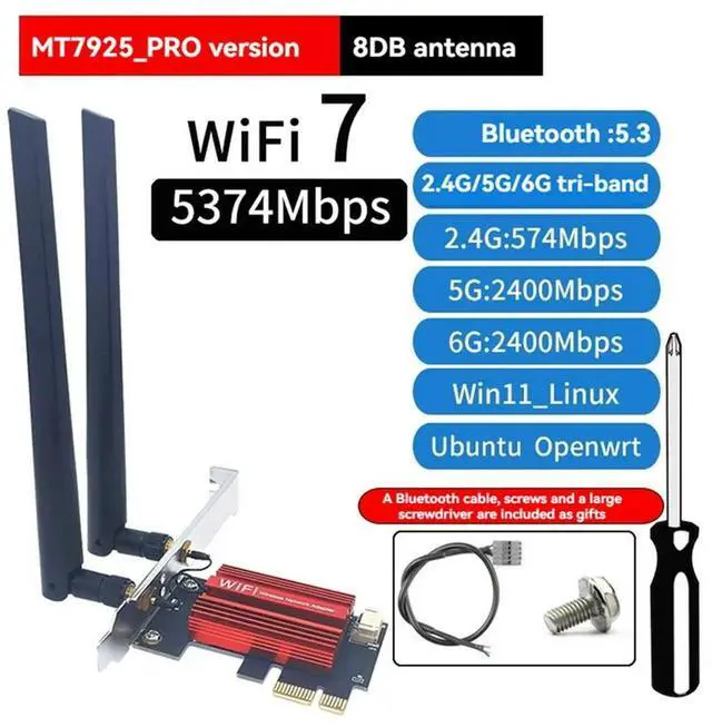 Alt view image 4 of 7 - 7 MT7925 PCI-E Adapter Card Kit 5374Mbps Tri Band 2.4G/5G/6Ghz BT5.3 Desktop Wireless Network Adapter For Win10/11