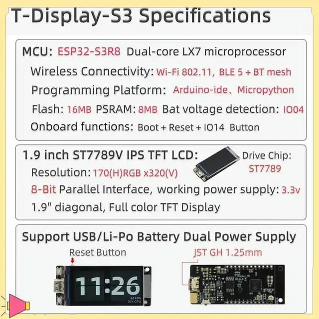 Alt view image 3 of 7 - 1 PCS ESP32-S3R8 T-Display-S3 Development Board Bluetooth 5.0 170X320 Wireless Module (Weld)