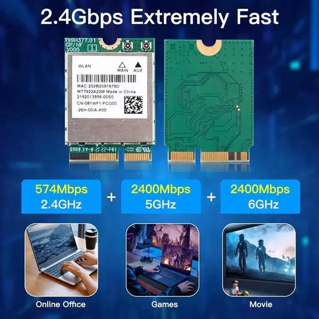 Alt view image 2 of 7 - 6E MT7922 M.2 Wireless Card 5374Mbps Bluetooth 5.2 Network Adapter 802.11Ax 2.4G/5G/6Ghz Card For Win10 Win11