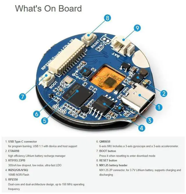 Alt view image 2 of 7 - RP2350 Microcontroller Development Board On-Board 1.28-Inch Touch LCD Display Six-Axis Sensor RP2350 Dual-Core Processor