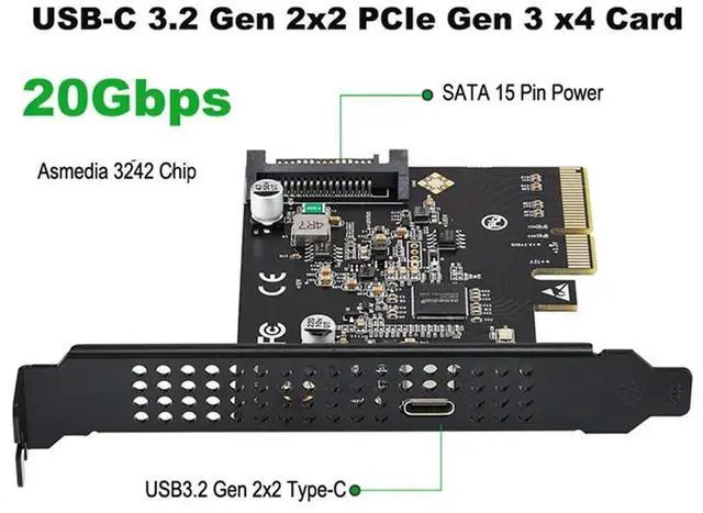 Alt view image 3 of 7 - Expansion Card 3.2 Gen 2X2 PCI-E Gen 3 X4 20Gbps Asmedia ASM3242 Chipset With SATA 15 Pin Power