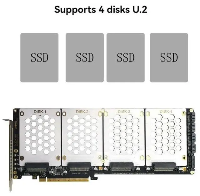Alt view image 3 of 7 - PH46-4 4-Disk SFF8639 U.2 NVME & SATA 2.5-Inch Hard Drive to PCIE4.0 Split Card PCIE4.0 X16 Hard Disk Adapter Card